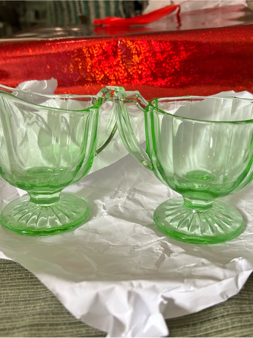 Anchor Hocking Green Glass Double Creamer Pair